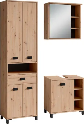 Produktbild von byLIVING Badmöbelset WELLNESS / 3-teilig / Spiegelschrank, Waschbeckenunterschrank und Hochschrank in weiß / LED-Beleuchtung / Spiegel / Waschtisch / Hängeschrank / viel Stauraum