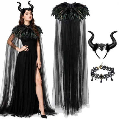 Produktbild von Damenkostüm Maleficent, schwarz, mit Hörnern, Halloween Kostüm