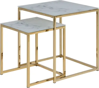 Produktbild von Almaz Einschubtische 2 stk. aus Glas mit weissen Marmor print und goldenen Chrom Beinen.
