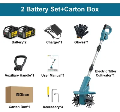 Image de Fraise rotative électrique pour jardin - Motoculteur électrique sans balais 18V - Outil de jardin sur batterie - 2 batteries rechargeables - Pour ameublir le sol - 2 batteries