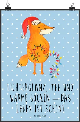 Produktbild von Mr. & Mrs. Panda Bild Fuchs Weihnachten DIN A2 - Blau Pastell - Geschenk, Wandbild, Kunstdruck, drucke, Füchse, Weihnachtszeit, Plakat, Winter, Nikolaus, Heiligabend