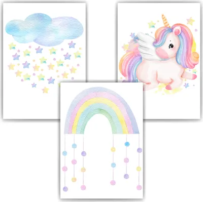 Produktbild von Regenbogen Einhorn Bilder 3er Set DIN A4 Kinderzimmer Wandbilder Babyzimmer Poster Dekoration
