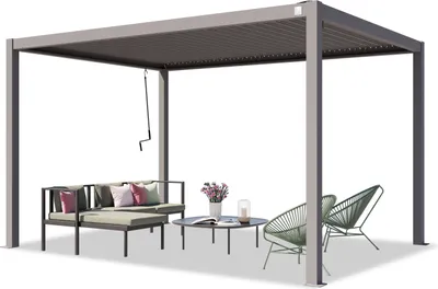 An outdoor pergola with seating and a coffee table.