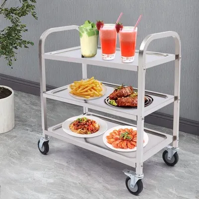 Zdjęcie produktu dla Wózek kuchenny ze stali nierdzewnej - 3-poziomowy - udźwig 75 kg - wózek serwowy na kółkach - z hamulcami