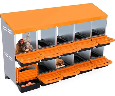 Obrázek produktu pro Hnízdní box pro slepice – klec s 10 oddělení – kovová klec – pro slepice, kachny a drůbež – pro venkovní použití i do chovu – oranžová barva