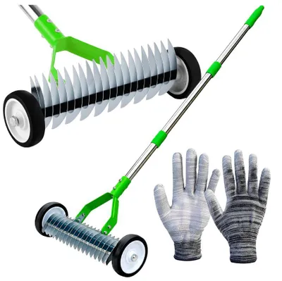 Produktbild von Rasenlüfter, manueller Vertikutierer auf Rädern mit Pendelantrieb + Handschuhe