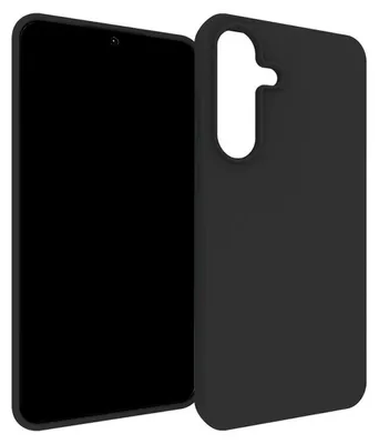 A black smartphone case is shown next to a black smartphone.