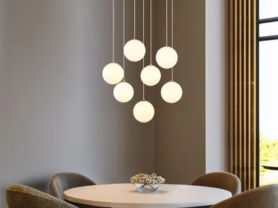 Produktbild von Globo Lighting Hängeleuchte Metall Nickel matt, Glaskugeln opal, Kabel PVC schwarz, Höhe kürzbar, ø: 550mm, H: 1200mm, inkl. 7x G9 LED 3.5W 230V, 350lm Source, 310lm Output, 3000K