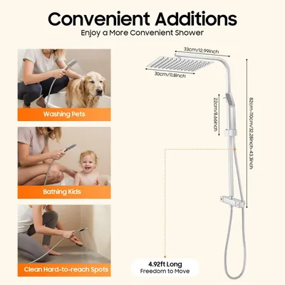 Immagine prodotto di Set doccia - Sistema doccia termostatico a parete - Soffione a pioggia quadrato da 30 cm - Soffione fisso e doccetta a 2 vie - Altezza 82–110 cm - Termostato 38 °C - Argento