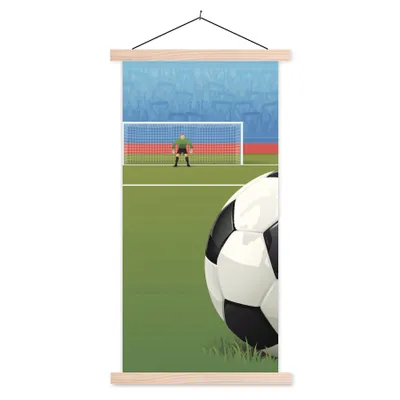 Produktbild von MuchoWow® Textilposter Eine Illustration eines Fußballs auf dem Feld im Stadion - Jungen - Mädchen - Kinder 60x120 cm mit holzfarbenen Rahmen - Holz