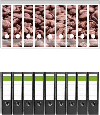 Produktbild von Wallario 9 Stück breite Ordner inkl. Klebeetiketten mit Motive Frisch geröstete Kaffeebohnen -  Set mit Rückenschildern / Ordnerrücken Stickern