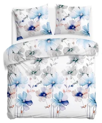 Image de Linge de lit, linge de lit en satin de coton, Satynlove 160x200 1557-1 Fleurs bleues