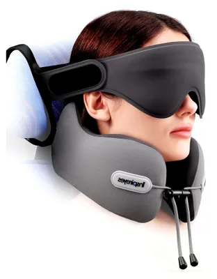 Produktbild von Nackenkissen, Reisekissen für Flugzeug, Reisekissen mit Sitzgurt und 3D Schlafmaske, Duale Nacken und Kopfstütze, Hochstützender Schaumstoff, 360° Flugzeug Kissen gegen Kopfnicken, Grau