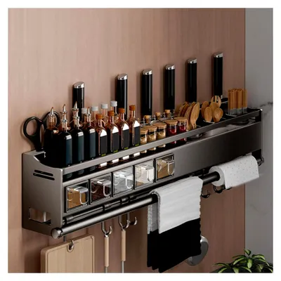 Produktbild von 68 cm Gewürzregal für die Wand mit Küchenrollenhalter, Haken und Gewürzbox, Metallregal ohne Bohren, hängender Gewürzorganizer für Küche und Bad