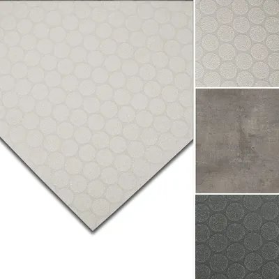 A collage of different flooring options, including a large sample of a light gray textured PVC flooring with a circular pattern, and smaller samples of a textured gray concrete-look flooring and a dark gray circular patterned flooring.