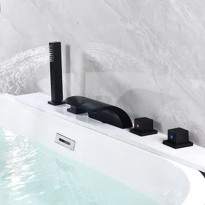 A black bathtub faucet with a handheld showerhead is installed on the edge of a white bathtub filled with clear water.