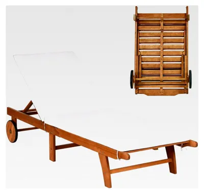 Produktbild von Sonnenliege mit Rollen und Auflage, klappbare Gartenliege mit verstellbarer Rückenlehne aus Holz für Balkon, Strand und Terrasse