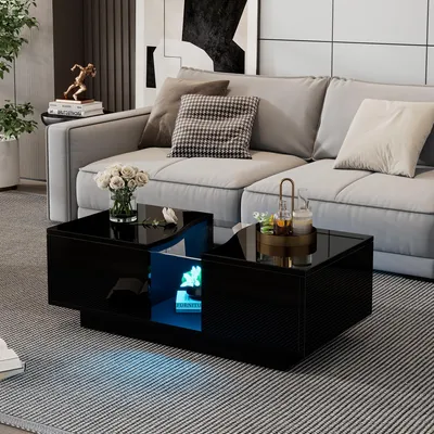 Produktbild von okwish Moderner Couchtisch mit zwei Schubladen und LED-Beleuchtung,Hochglanz-Beistelltisch mit  Acryl-Tischplatte und MDF-Konstruktion, Schwarz