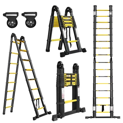 Produktbild von Teleskopierbare Leiter – Teleskopleiter – Klappleiter – Ausziehbare Leiter – Anlegeleiter – Aluminium – Maximale Tragfähigkeit: 150 kg – Kompakt zusammenklappbar