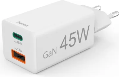 Produktbild von Schnellladegerät, 1x USB-C, 1x USB-A, Mini-Ladegerät, PD, 45 W, Weiß (00201993)