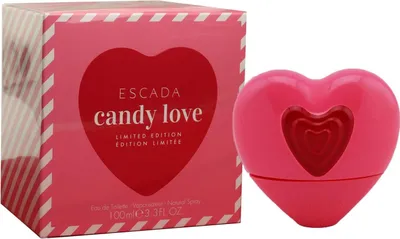 A pink heart-shaped perfume bottle and its matching box are displayed against a white background.