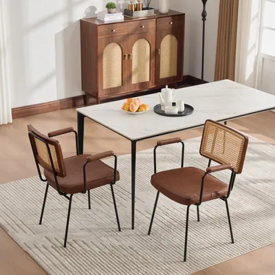 Produktbild von MODFU Esszimmerstuhl Set mit Armlehnen,2er-Set Küchenstuhl,Loungesessel mit Polster Rattan Optik,für Esszimmer,Braun