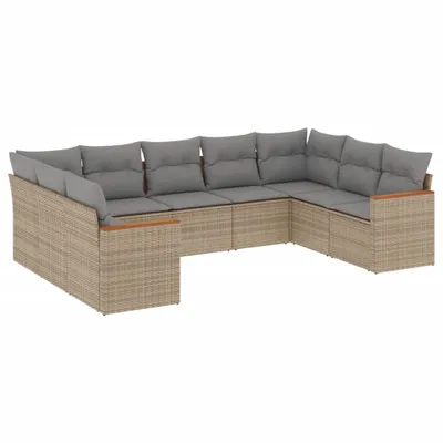 Produktbild von Garten-Sofagarnitur 9-teilig, modular, mit Stauraum und wasserabweisendem Beutel, PE-Rattan Beige, Kissen Hellgrau, UV-beständig