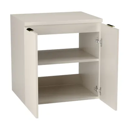 A white cabinet with two doors and two shelves.