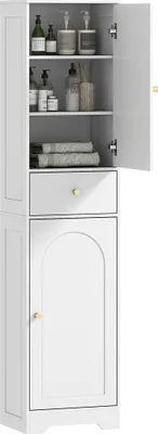 Image de HOMCOM Armoire salle de bain haute, meuble de rangement colonne avec placards, tiroir et étagères réglables, grand meuble étroit pour toilette, petits espaces, 40 x 29,5 x 170 cm, blanc