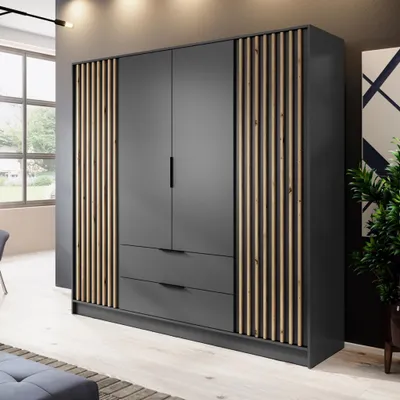 Produktbild von 4-türig Kleiderschrank mit Lamellen Polly 200 cm Schrank Garderobenschrank mit Schubladen, Farbe: Graphit
