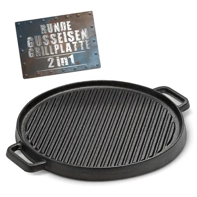 Imagen del producto de Plancha de hierro fundido, redonda, de 29,5 cm de diámetro, con doble cara, apta para usar en la parrilla y en la cocina
