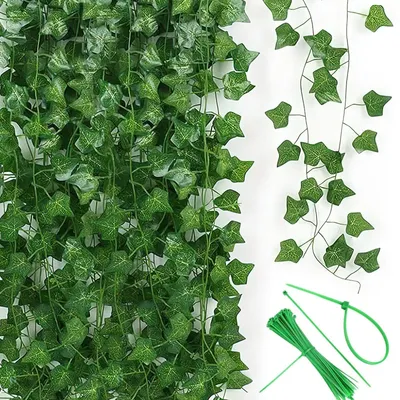 Image de Lierre artificiel, guirlande de lierre artificiel verte en 12 éléments avec attaches en nylon, lierre pour le jardin, les mariages, les fêtes ou la décoration murale.