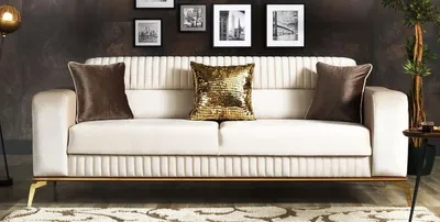 Produktbild von Casa Padrino Luxus Schlafsofa Creme / Braun / Gold 225 x 92 x H. 83 cm - Wohnzimmer Sofa mit 3 Kissen - Luxus Wohnzimmer Möbel
