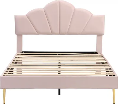 Produktbild von Flieks Polsterbett 140x190cm mit Lattenrost, Jugendbett Kinderbett mit Muschelförmigem Kopfteil, Doppelbett Massivholzbett Klassisches Bett, Samt, Rosa