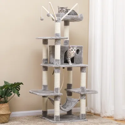 Produktbild von FEANDREA Kratzbaum XXL 154cm mit Höhle und Spielsisal für 3-4 Katzen hellgrau PCT86W