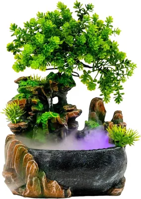 Produktbild von Zimmerbrunnen mit Wasserfall und Nebelbefeuchtung, Tischbrunnen mit grüner Pflanze, Desktop-Dekoration, Mini-Garten und Springbrunnen für Schlafzimmer, Wohnzimmer und Büro, 28 x15 x 20 cm