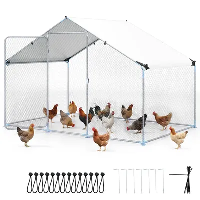 Obrázok produktu pre Kurník COSTWAY 3x2x2 m | 6 m², kovový výbeh pre voľný pohyb, výbeh pre sliepky s prístupom pre ľudí, s nepremokavou strechou z PE a bezpečnostným zámkom, výbeh pre sliepky, strieborný