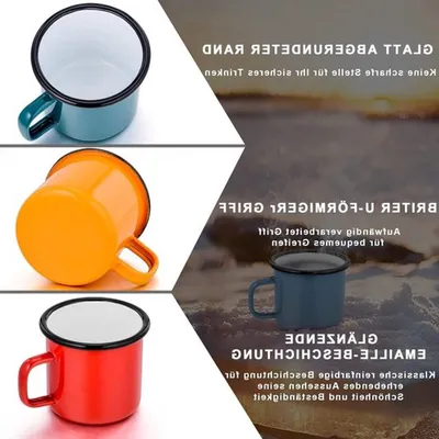 Set aus 6 Emaille Bechern 350 ml für Kaffee und Tee, Porzellan, geeignet für Zuhause, Büro und Camping, wiederverwendbar und