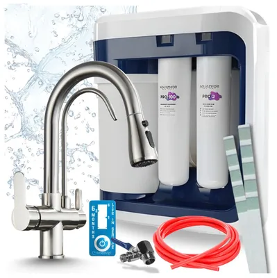 Zdjęcie produktu dla Bateria kuchenna Ari 3-funkcyjna, model Nordic, ze stali nierdzewnej, z możliwością wysuwania. W zestawie z systemem filtracji wody Aquaphor Ro-202S Pro