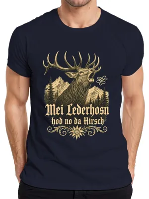 Obrázek produktu pro Pánské tričko Mei Lederhosn s motivem "Hirsch Bayern Lederhose Alpen", tmavě modré, velikost S