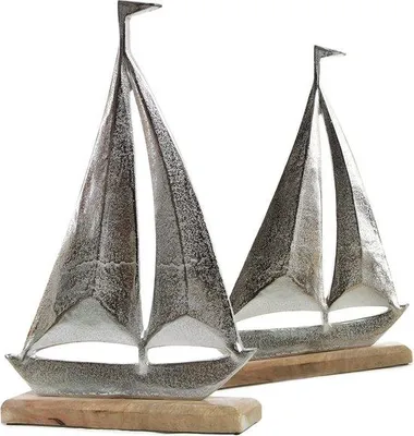 Image de Ensemble de décoration sur le thème marin, lot de 2 bateaux en métal et en bois, figurines de voiliers, cadeau, cadeau couleur argent