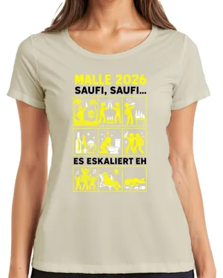 Imagen del producto de Malle 2026 Saufi Saufi. Camiseta para mujer con diseño "Mallorca Party Ballermann", color natural, talla XL