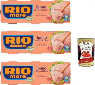 Produktbild von 9x Rio Mare Tonno all'Olio di Oliva Thunfisch in Olivenöl, Gelbflossen thun 120g + Italian Gourmet polpa 400g