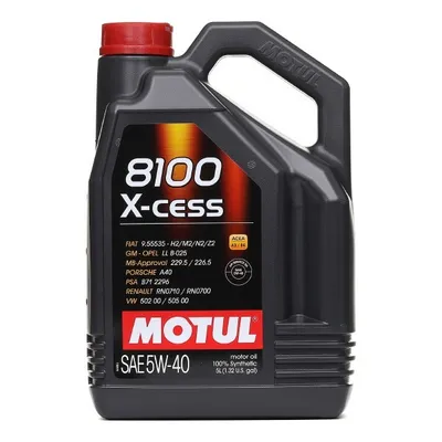 A black plastic jug of Motul 8100 X-cess 5W-40 motor oil against a white background.