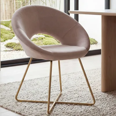 Produktbild von FineBuy Esszimmerstuhl Samt Beige Küchenstuhl mit goldenen Beinen Schalenstuhl Stoff / Metall Design Polsterstuhl Stuhl Esszimmer Gepolstert
