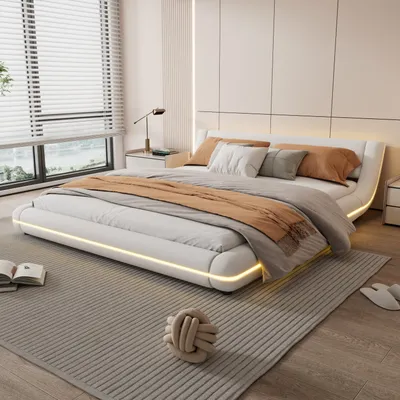 Immagine prodotto di Letto matrimoniale STILVORA 160x200cm Letto imbottito funzionale per giovani con illuminazione LED, pratico letto piano, bianco (senza materasso)