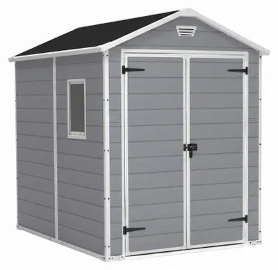 Immagine prodotto di Manor 6x8 - Casetta da Giardino 185,80x227x236,80 cm 2 Ante per deposito attrezzi finitura effetto legno graffiato in Resina Grigio