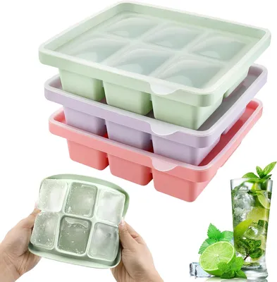 Immagine prodotto di Litimkat, set di 3 stampi per cubetti di ghiaccio - Contenitore per cubetti di ghiaccio in silicone con coperchio - Cubetti di ghiaccio quadrati di grandi dimensioni, 4,8 cm
