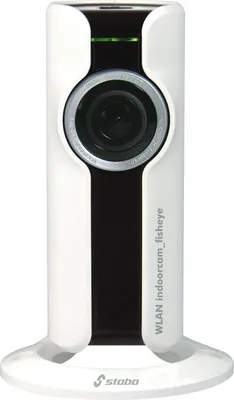 A white and black indoor camera with a fisheye lens.