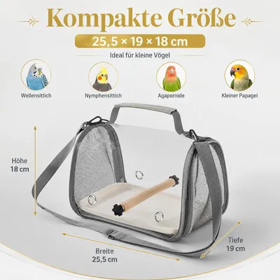 Produktbild von Vogel Transportbox (27×20×4,5 cm) – atmungsaktive Tragetasche für Papageien – Mit Holzstab und Tablett, faltbar – ideal als Käfig und Transporttasche für Wellensittiche